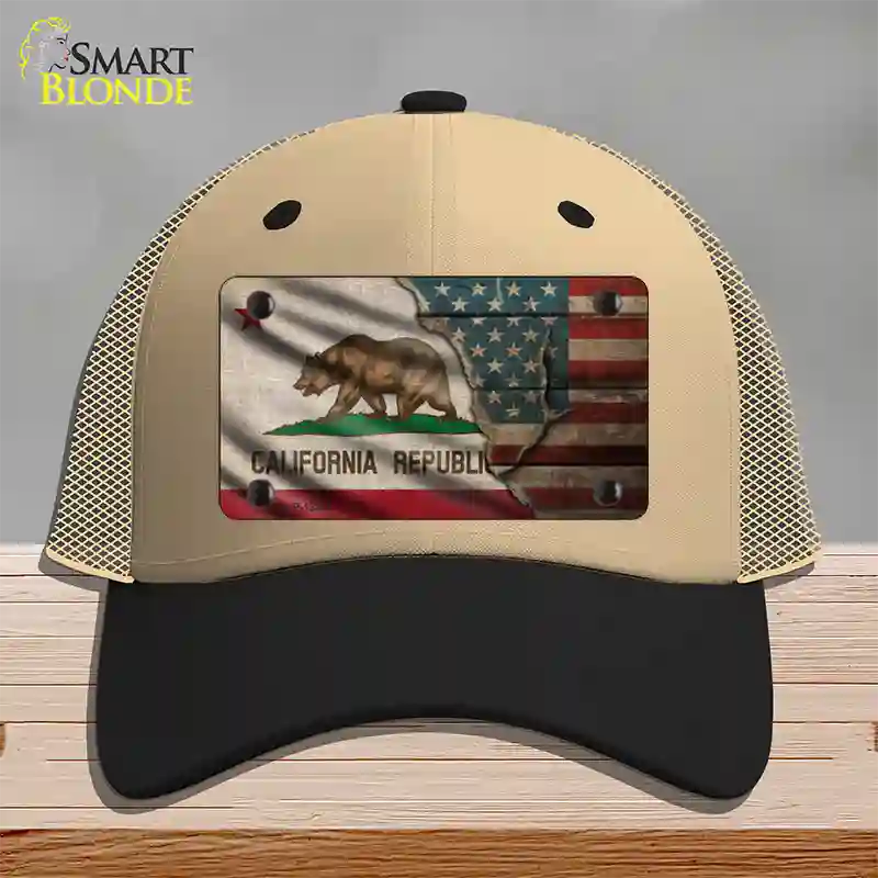 California/American Flag Novelty License Plate Hat Mesh / Khaki|Black