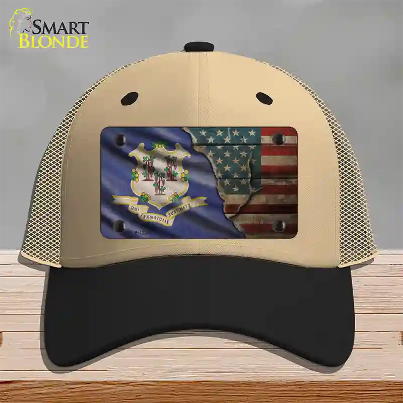 Connecticut/American Flag Novelty License Plate Hat Mesh / Khaki|Black