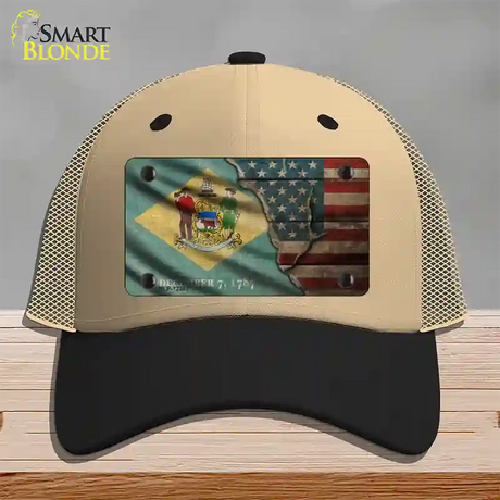 Delaware/American Flag Novelty License Plate Hat Mesh / Khaki|Black