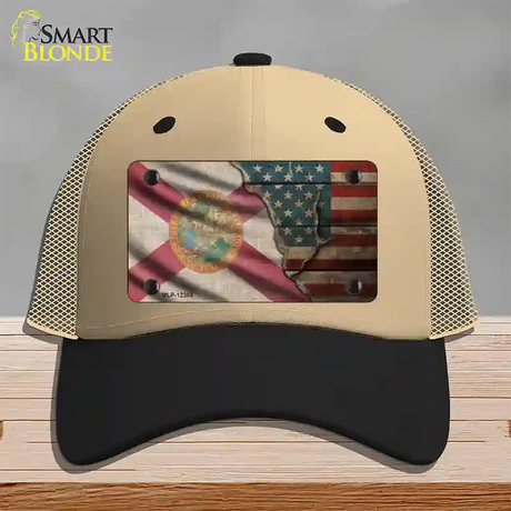 Florida/American Flag Novelty License Plate Hat Mesh / Khaki|Black