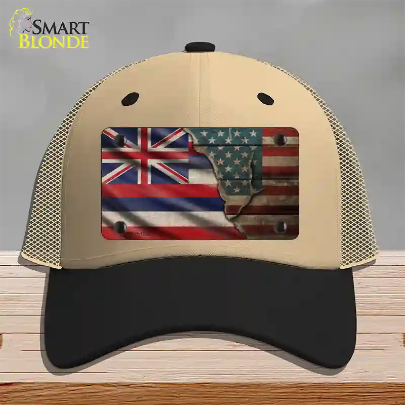 Hawaii/American Flag Novelty License Plate Hat Mesh / Khaki|Black