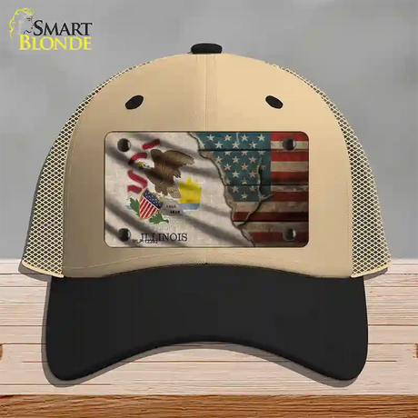 Illinois/American Flag Novelty License Plate Hat Mesh / Khaki|Black