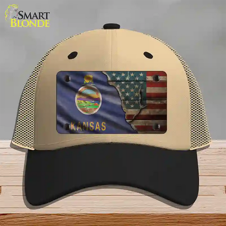 Kansas/American Flag Novelty License Plate Hat Mesh / Khaki|Black