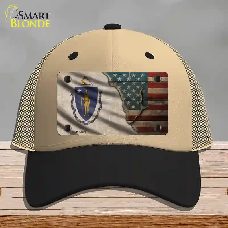 Massachusetts/American Flag Novelty License Plate Hat Mesh / Khaki|Black