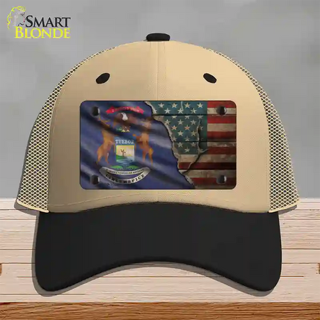 Michigan/American Flag Novelty License Plate Hat Mesh / Khaki|Black