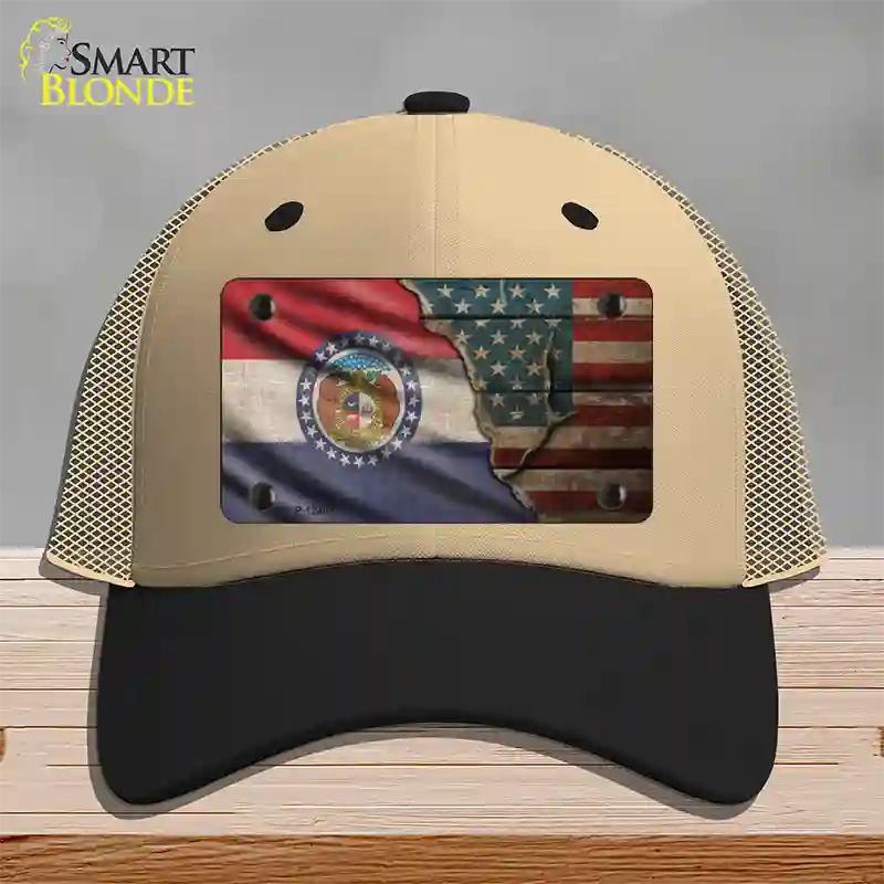 Missouri/American Flag Novelty License Plate Hat Mesh / Khaki|Black