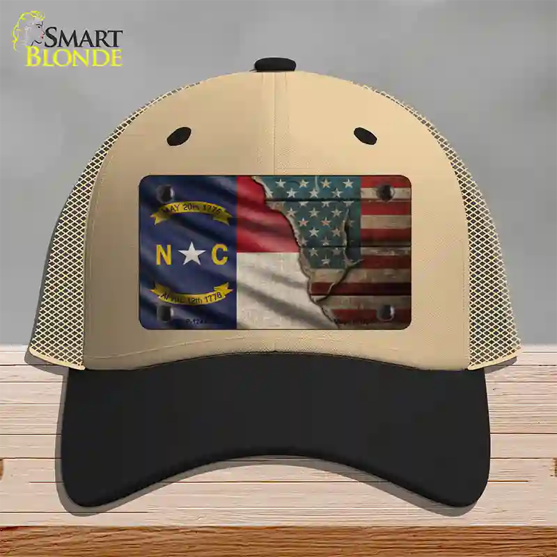 North Carolina/American Flag Novelty License Plate Hat Mesh / Khaki|Black