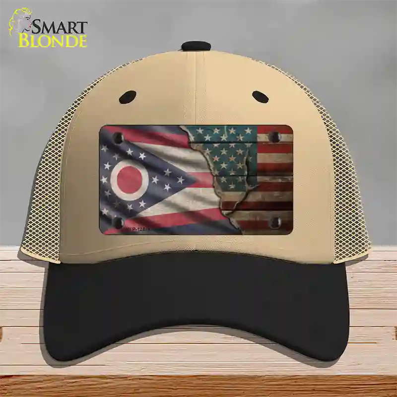 Ohio/American Flag Novelty License Plate Hat Mesh / Khaki|Black