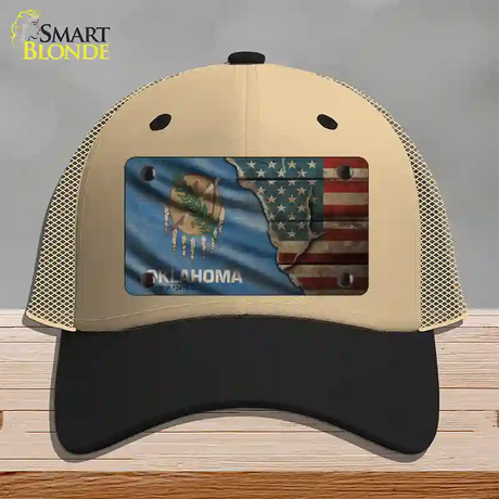 Oklahoma/American Flag Novelty License Plate Hat Mesh / Khaki|Black