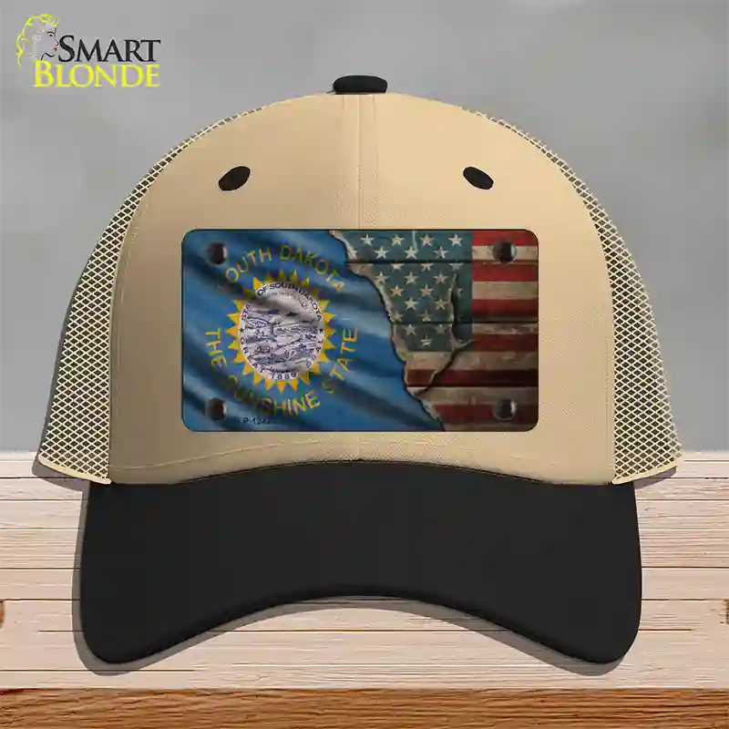 South Dakota/American Flag Novelty License Plate Hat Mesh / Khaki|Black