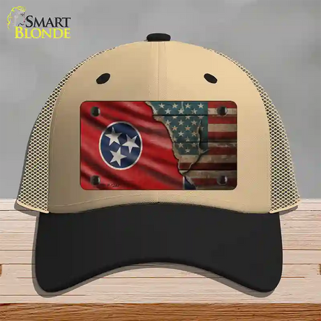 Tennessee/American Flag Novelty License Plate Hat Mesh / Khaki|Black