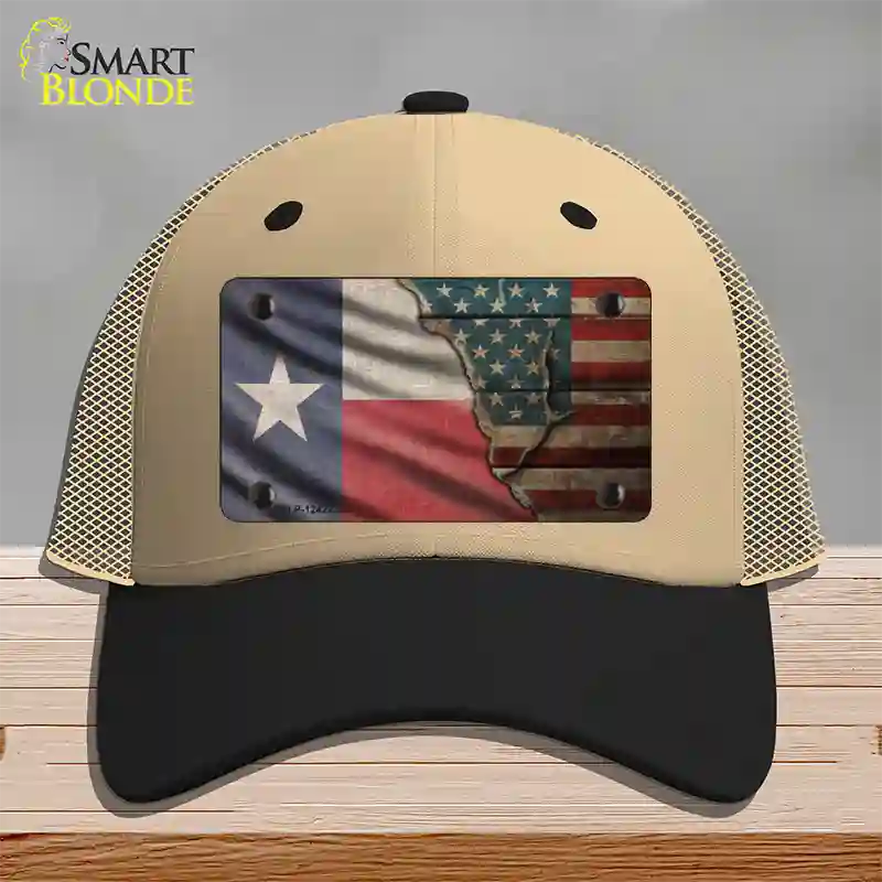 Texas/American Flag Novelty License Plate Hat Mesh / Khaki|Black