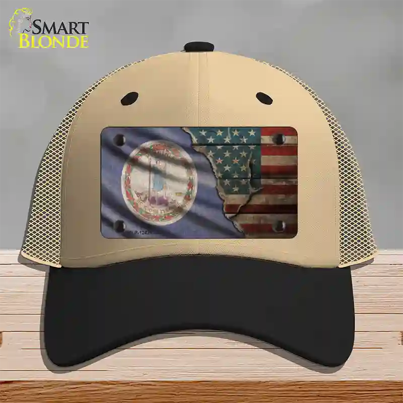 Virginia/American Flag Novelty License Plate Hat Mesh / Khaki|Black