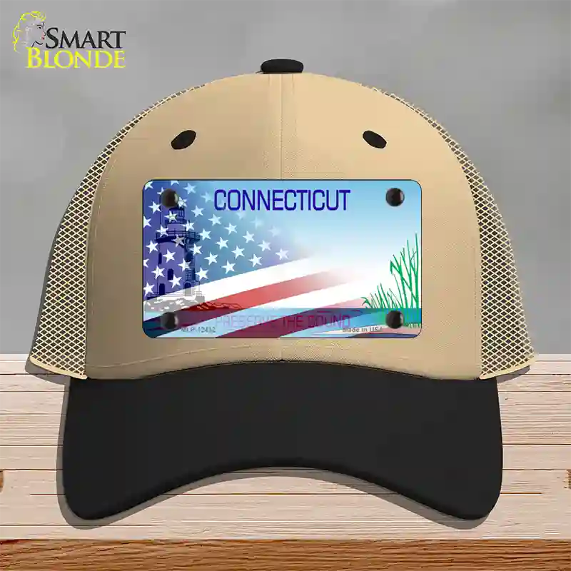 Connecticut Preserve with American Flag Novelty License Plate Hat Mesh / Khaki|Black