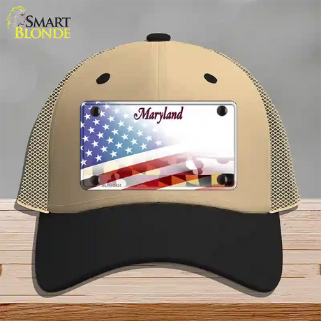 Maryland State with American Flag Novelty License Plate Hat Mesh / Khaki|Black