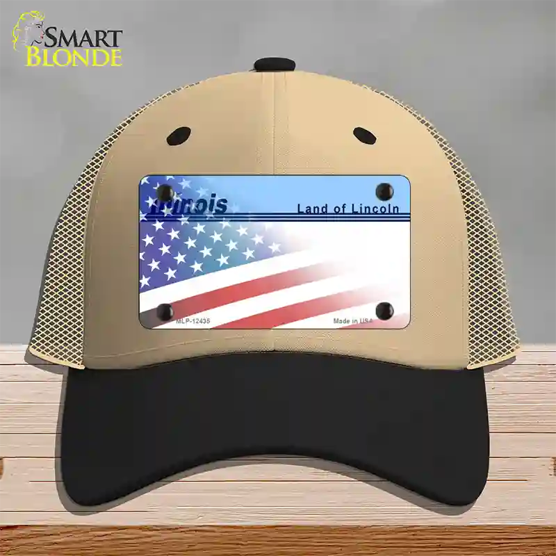 Illinois Lincoln with American Flag Novelty License Plate Hat Mesh / Khaki|Black