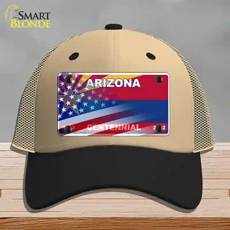 Arizona Centennial American Flag Novelty License Plate Hat Khaki Mesh