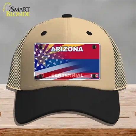 Arizona Centennial American Flag Novelty License Plate Hat Khaki Mesh