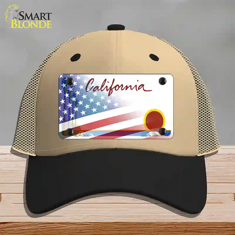 California Palm Plate American Flag Novelty License Plate Hat Mesh / Khaki|Black