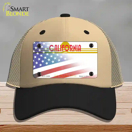 California Golden with American Flag Novelty License Plate Hat Mesh / Khaki|Black