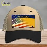 New York Yellow with American Flag Novelty License Plate Hat Mesh / Khaki|Black