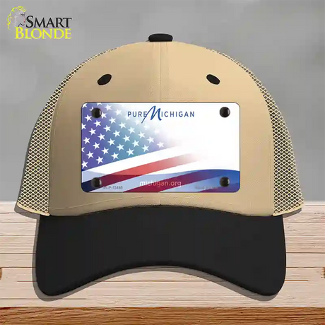 Pure Michigan Plate American Flag Novelty License Plate Hat Mesh / Khaki|Black