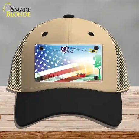 Ohio Birthplace with American Flag Novelty License Plate Hat Mesh / Khaki|Black