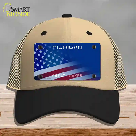 Michigan Great Lakes Plate American Flag Novelty License Plate Hat Mesh / Khaki|Black