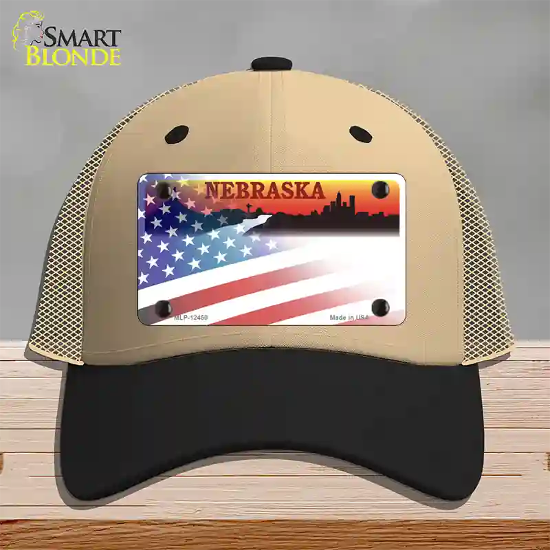 Nebraska Amber with American Flag Novelty License Plate Hat Mesh / Khaki|Black