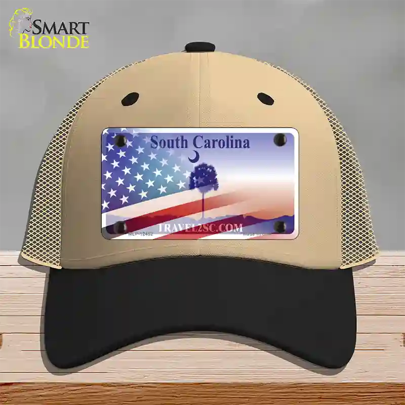 South Carolina Travel Plate American Flag Novelty License Plate Hat Mesh / Khaki|Black