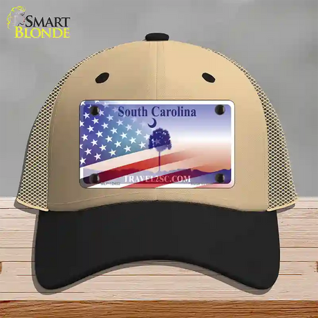 South Carolina Travel Plate American Flag Novelty License Plate Hat Mesh / Khaki|Black