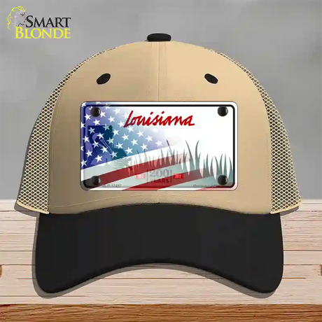 Louisiana 200 Years with American Flag Novelty License Plate Hat Mesh / Khaki|Black