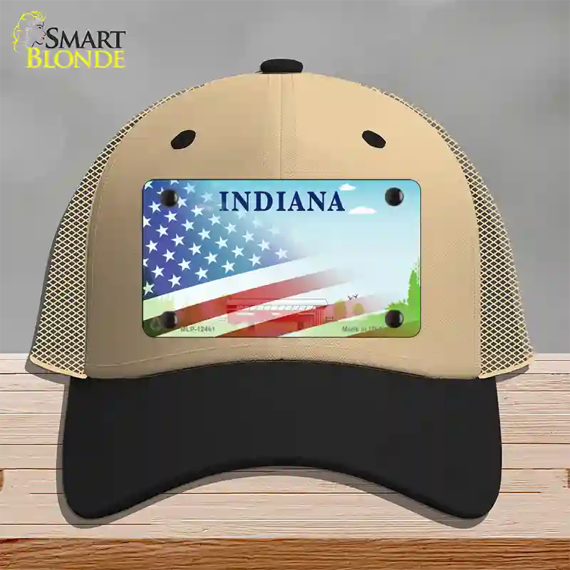 Indiana Bridge Plate American Flag Novelty License Plate Hat Mesh / Khaki|Black