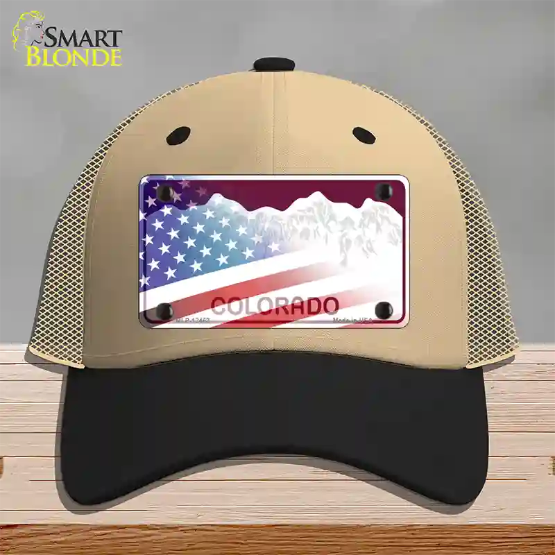 Colorado Red with American Flag Novelty License Plate Hat Mesh / Khaki|Black