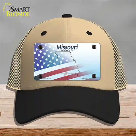 Missouri Show Me with American Flag Novelty License Plate Hat Mesh / Khaki|Black