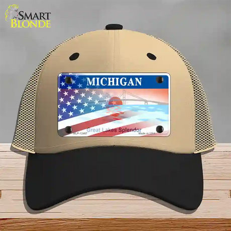 Michigan Splendor with American Flag Novelty License Plate Hat Mesh / Khaki|Black