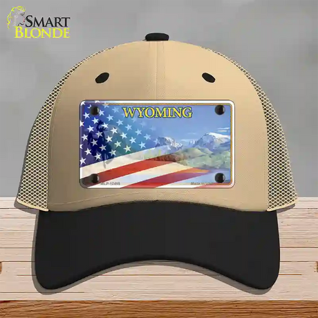 Wyoming State with American Flag Novelty License Plate Hat Mesh / Khaki|Black