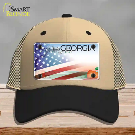 Georgia Peach with American Flag Novelty License Plate Hat Mesh / Khaki|Black