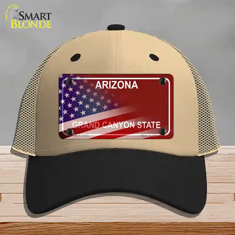 Arizona Red with American Flag Novelty License Plate Hat Khaki Mesh