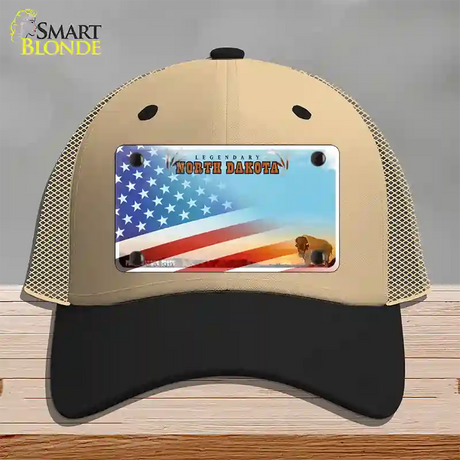 North Dakota Legendary with American Flag Novelty License Plate Hat Mesh / Khaki|Black