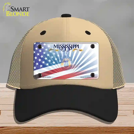 Mississippi Blue with American Flag Novelty License Plate Hat Mesh / Khaki|Black