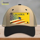 Alaska Yellow with American Flag Novelty License Plate Hat Khaki Mesh