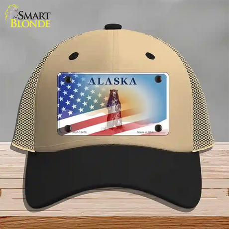 Alaska Bear with American Flag Novelty License Plate Hat Khaki Mesh