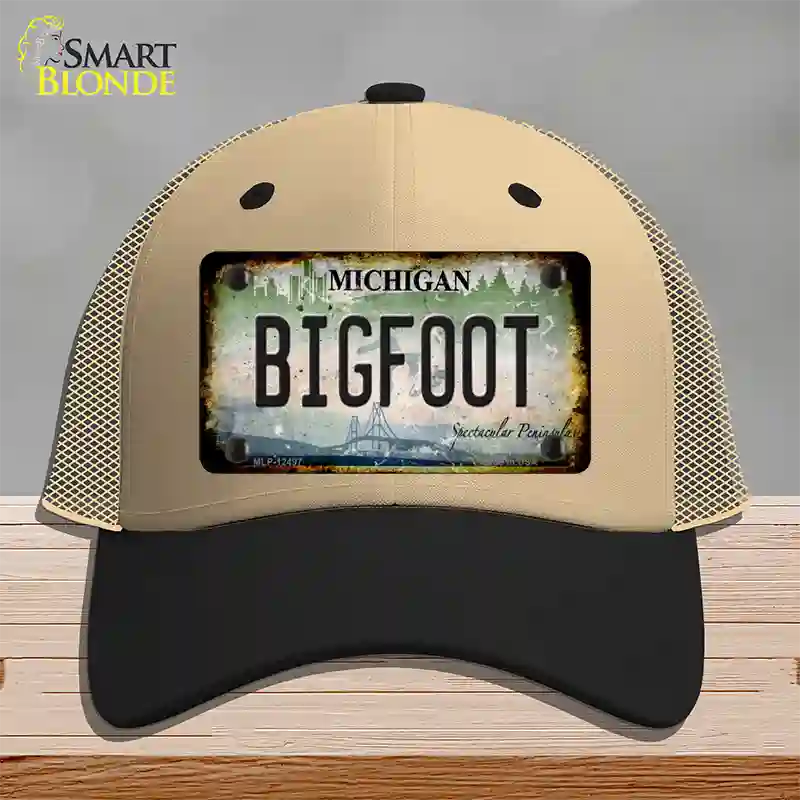 Bigfoot Michigan Novelty License Plate Hat Mesh / Khaki|Black