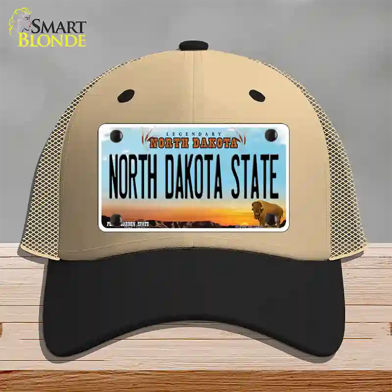 North Dakota State Novelty License Plate Hat Mesh / Khaki|Black