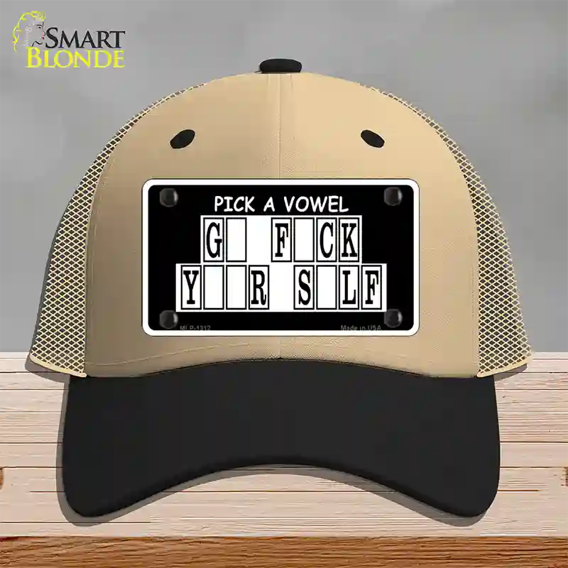 Pick A Vowel Novelty License Plate Hat Mesh / Khaki|Black