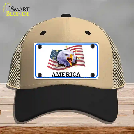 Waving Flag Bald Eagle Novelty License Plate Hat Mesh / Khaki|Black