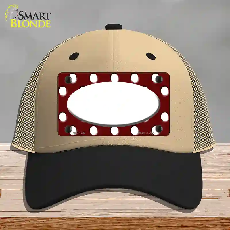 White Burgundy Polka Dot White Center Oval Novelty License Plate Hat Mesh / Khaki|Black