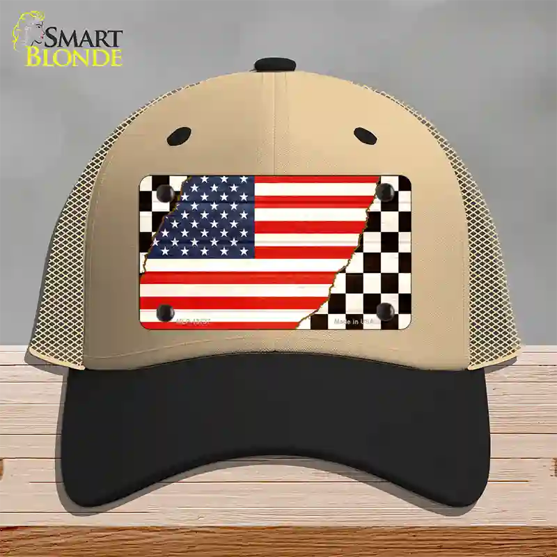 USA Racing Flag Novelty License Plate Hat Tag Mesh / Khaki|Black