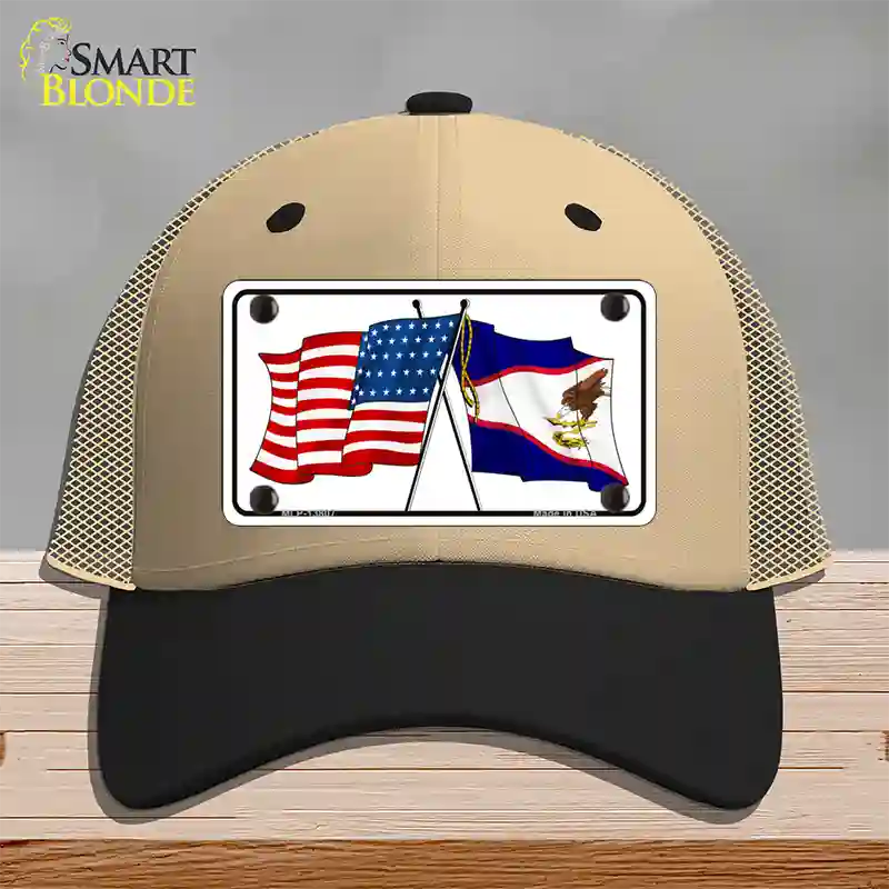 American Samoa USA Crossed Flags Novelty License Plate Hat Tag Mesh / Khaki|Black